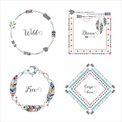 Hand drawn boho style frames with place for your text. Arrow and feather art vector illustration