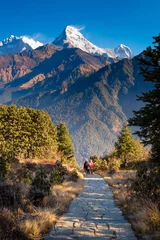 Foto auf Acrylglas Dhaulagiri Walking trail to Poon hill view point at Nepal. Poon hill is the famous view point in Gorepani village to see beautiful sunrise over Annapurna mountain range in Nepal