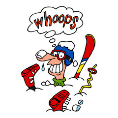 Skier is broken and up to his neck in a snowdrift, sport joke, color cartoon