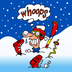 Skier is broken and up to his neck in a snowdrift, winter accident, sport joke, color cartoon