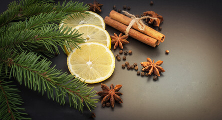 Warm cozy decoration with anise and cinnamon tied with string	