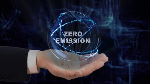 Painted hand shows concept text Zero Emission hologram on his hand. Drawn man in business suit with future technology screen and modern cosmic background