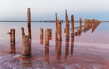 Wooden obstacles in the sea of Jarilgach island, Ukraine. At daytime