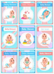 Cartoon set with cute little babies in diaper. Happy toddler plays with toy, baby shower, child learning to walk, baby smiling, child sits on potty, toddler crawling on the floor. Little kid