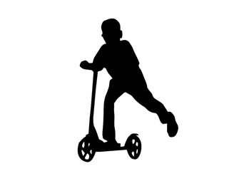 Silhouette scooter bike kids , boy play spin scooter with white background with clipping path.