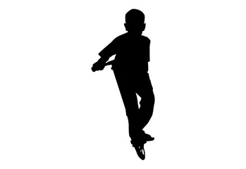 Fototapeta na wymiar Silhouette scooter bike kids , boy play spin scooter with white background with clipping path.