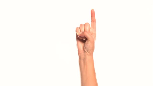 a female hand counts from five to one on a white background