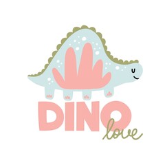 Cute dinosaur. Blue and pink doodle dino hand drawn simple prehistoric animal for girl childish T-shirts, prints and nursery design, vector cartoon poster with text on white background © Mariya