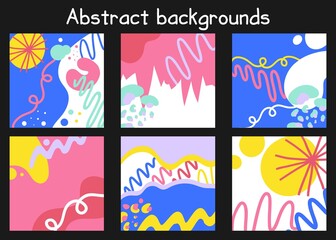 Bright abstract doodle background. Modern square template set for social media posts. Hand drawn forms in pink and blue colors, vector web templates collection