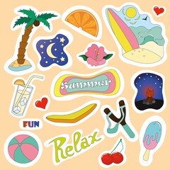 Fototapeta premium Set of vector templates for stickers on the theme of summer. Bright images and inscriptions. Suitable for decorating a diary and a planner.