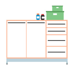 Chest of drawers with medicines isolated on white background. Furniture for a doctor s office. Equipment for design laboratory, clinic, hospital, pharmacy. Shelves for storing boxes and medical tools