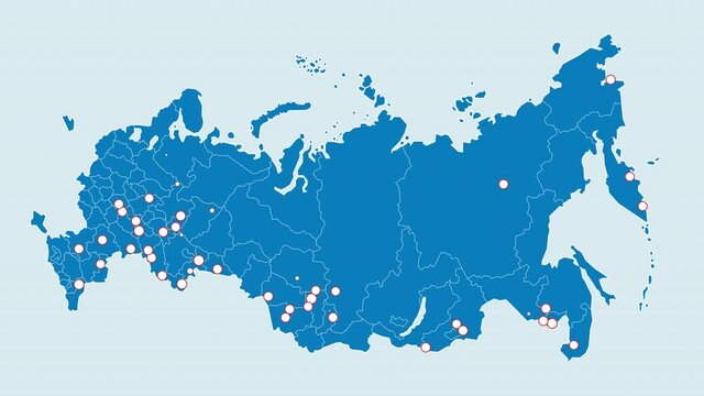 Two color variations of the animated map of Russia with the appearance of a huge variety of emerging dots. Blue and green colors. 2D flat animation isolated on blue background with alpha luma matte 4k