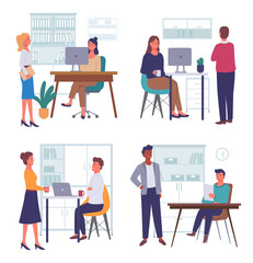 Man and woman works together, colleagues, employees. Business people sit at the table on workplace, works on laptops. A set of four scenes with managers discuss working issues in office space