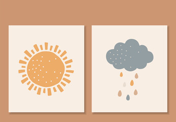 Boho baby elements, abstrcat sun and clouds, cute baby vector, boho kids print
