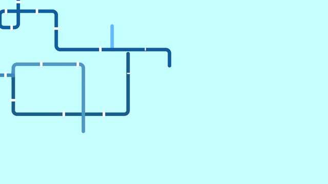 Animation of growing pipes from the growth graph flowing into residential buildings, schools and libraries. 2D flat animation isolated on blue background with alpha luma matte 4k.