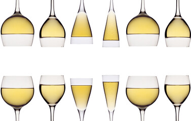 transparent crystal glasses with a colored drink on a white background
