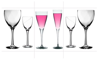 transparent crystal glasses with a colored drink on a white background