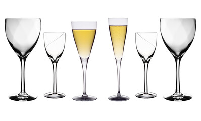 transparent crystal glasses with a colored drink on a white background