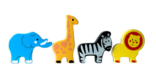 wooden toy animals on white background