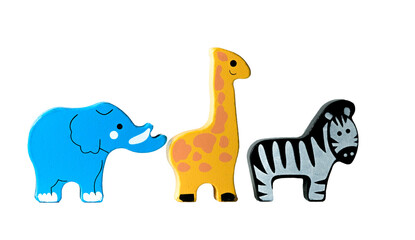 wooden toy animals on white background