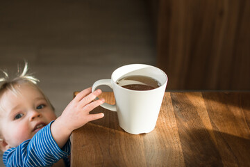 Little child try to grab mug of hot drink on the table. Attention hot content concept.