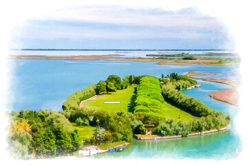 Watercolor drawing of Aerial view of Torcello islands swamp, water canal and green trees alley and bushes. Panoramic view of Venetian Lagoon