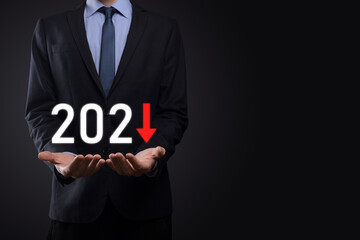 Plan business negative growth in year 2021 concept. Businessman plan and increase of negative...