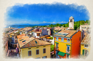 Watercolor drawing of aerial panoramic view of Sirmione town historical centre, multicolored colorful buildings with red tiled roofs