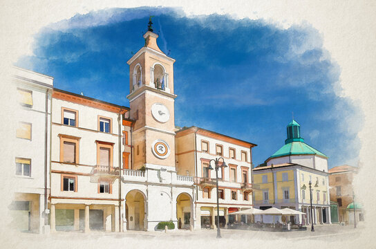 Watercolor drawing of Piazza Tre Martiri Three Martyrs square with traditional buildings with clock tower in old historical touristic city centre Rimini