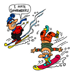 Snowboarder doing handstand on his board and angry skier hates him, winter sport joke, color cartoon