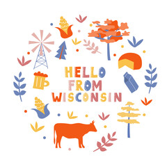 USA collection. Hello from Wisconsin theme. State Symbols round shape card
