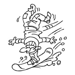 Snowboarder doing handstand on his board and going downhill, winter sport joke, black and white cartoon