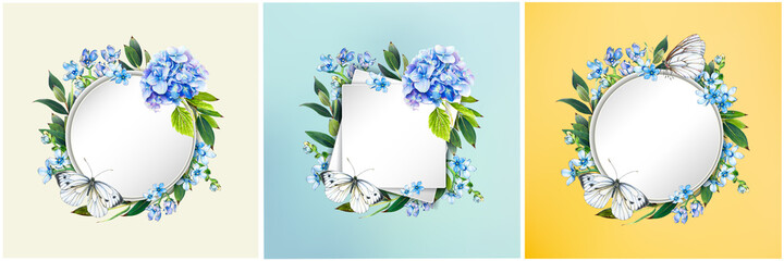 Floral frames set. Hydrangea and butterfly. Wedding invite