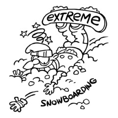 Snowboarder had an accident and fell into the snow, extreme snowboarding, winter sport joke, black and white cartoon