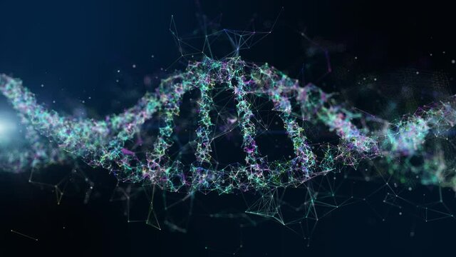 DNA helix with depth of field 3D Rendering Animation. Medical research, genetics, biology science. 3D Rendering animation of DNA molecule construction. 
