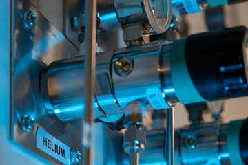 Oxygen helium nitrogen argon pipes in a research labaoratory - obrazy, fototapety, plakaty