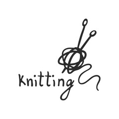 Knitting lettering, scarf and ball of thread icon. Black and white doodle. Hand-drawn cartoon. Vector illustration.