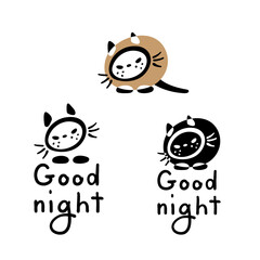 Fototapeta premium Three cat icons and Good Night lettering. Hand-drawn cartoon collection. Vector illustration