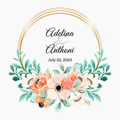 Pink orange wreath watercolor with golden frame