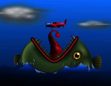 A giant monster fish trying to eat an airplane. Vector illustration