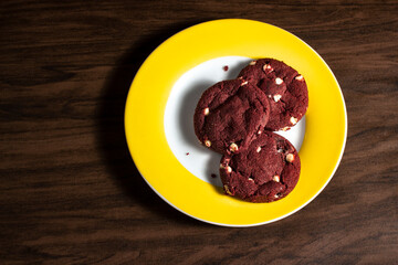 Red Velvet cookie with white chocolate. Top view