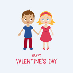 Happy Valentine's Day greeting card with cute couple kids vector. Two cute kids holding hands icon vector. Valentine kids icon vector. Important day