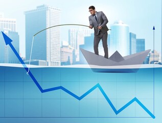 Businessman supporting economic growth with fishing rod