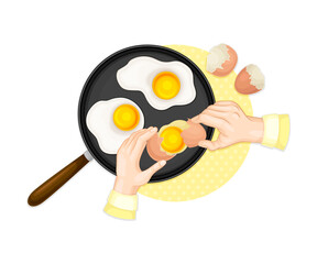 Hands Preparing Scrambled Eggs in Frying Pan Above View Vector Illustration