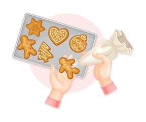 Human Hands Decorating Gingerbread Cookie with Sugar Glaze Above View Vector Illustration