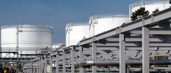 Tanks and pipeline ramp at the oil product storage terminal