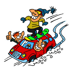 Snowboarder rides on the roof of a car which drives his friends down the hill, winter sport joke, color cartoon