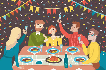 Vector colorful illustration with company of people celebrating at festive table. Family eating together. Background on the theme of feast, banquet - 403249380