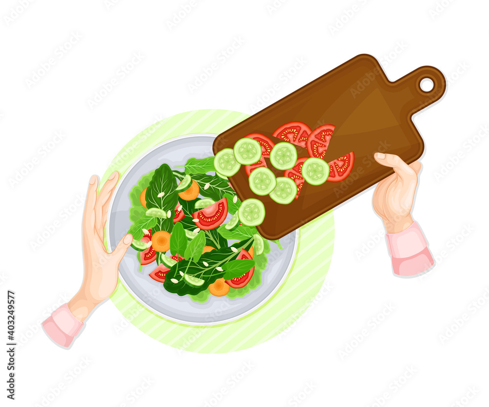 Canvas Prints hands preparing vegetable salad putting chopped ingredient in bowl above view vector illustration