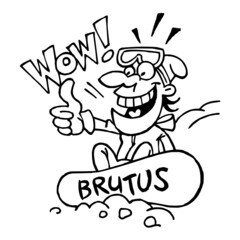 Snowboarder sitting in the snow and showing thumbs up and saying wow, winter sport joke, black and white cartoon